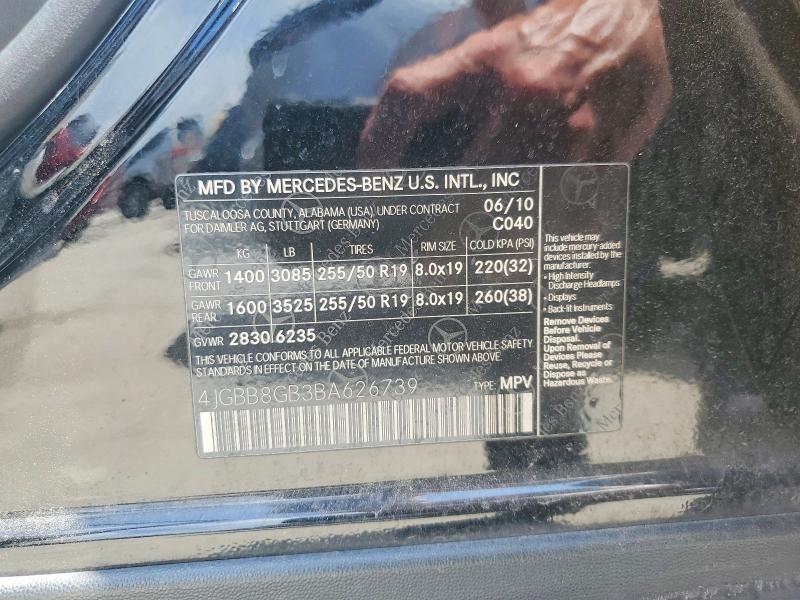 50791126 :رقم المزاد ، 4JGBB8GB3BA626739 vin ، 2011 Mercedes-benz Ml مزاد بيع