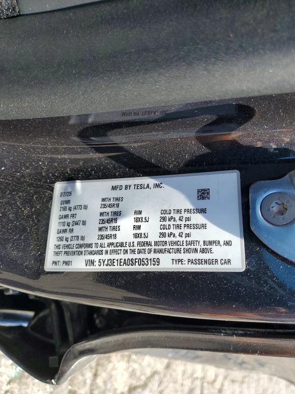 50143796 :رقم المزاد ، 5YJ3E1EA0SF053159 vin ، 2025 Tesla Model 3 مزاد بيع