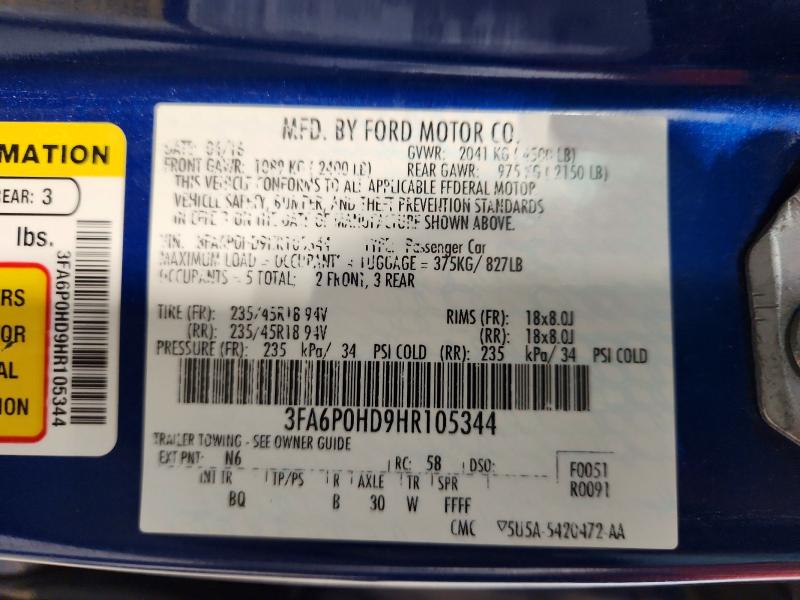 Aukcja sprzedaży 2017 Ford Fusion, vin: 3FA6P0HD9HR105344, numer aukcji: 51274586