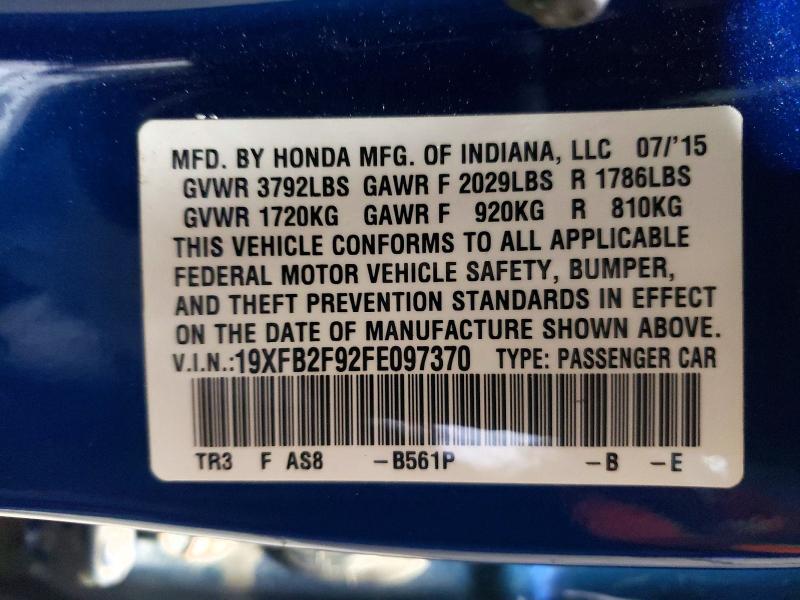 Продажа на аукционе авто 2015 Honda Civic, vin: 19XFB2F92FE097370, номер лота: 49609116