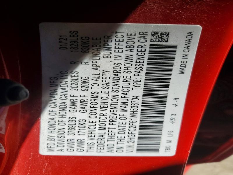 48210126 :رقم المزاد ، 2HGFC2F61MH538704 vin ، 2021 Honda Civic مزاد بيع
