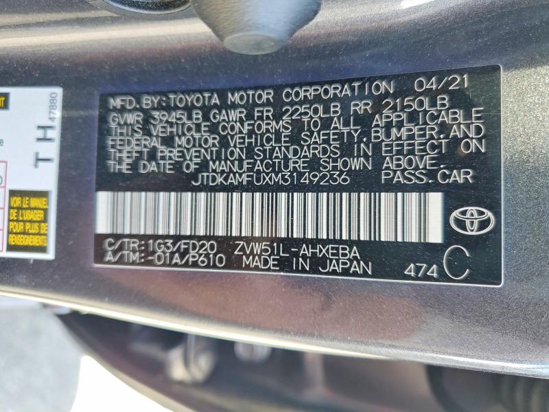 Продажа на аукционе авто 2021 Toyota Prius, vin: JTDKAMFUXM3149236, номер лота: 48520246