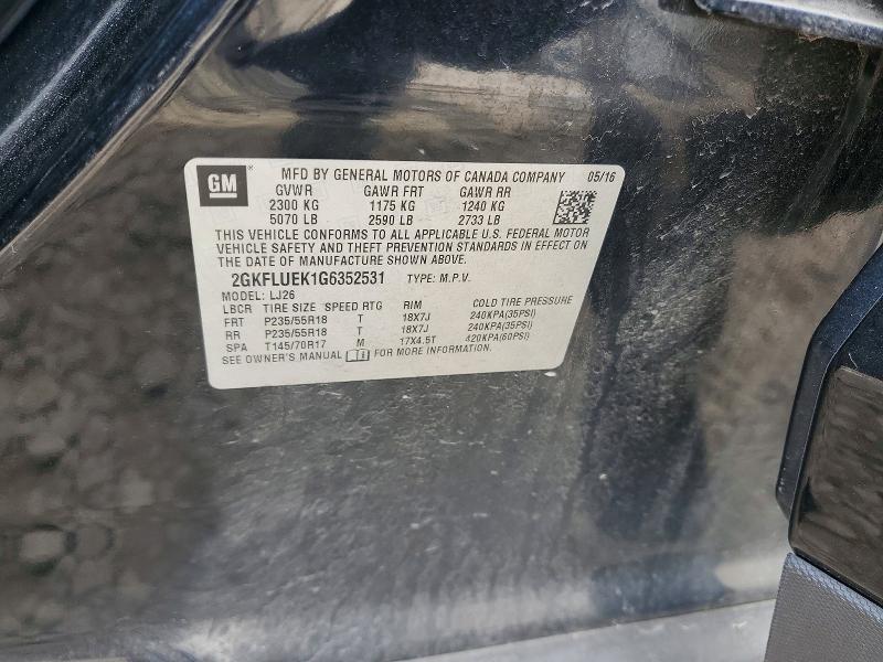 50295866 :رقم المزاد ، 2GKFLUEK1G6352531 vin ، 2016 Gmc Terrain مزاد بيع