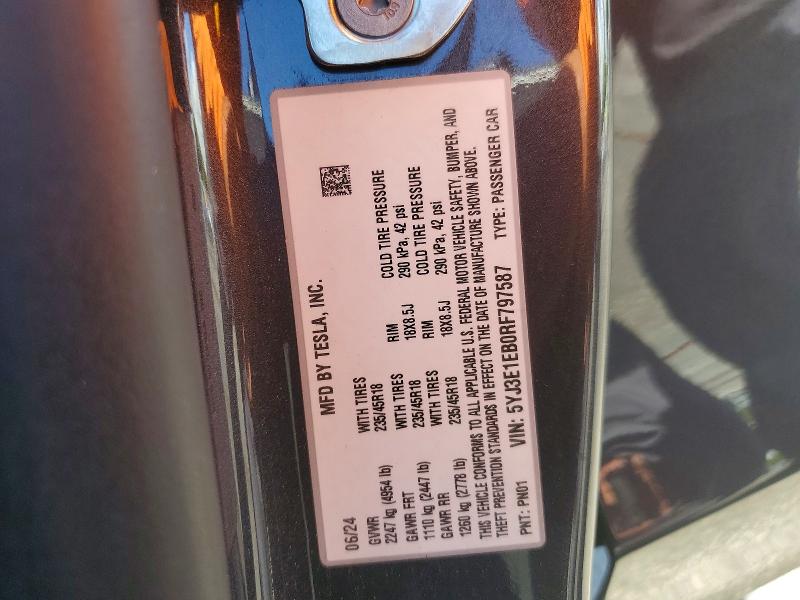 Продажа на аукционе авто 2024 Tesla Model 3, vin: 5YJ3E1EB0RF797587, номер лота: 49246876