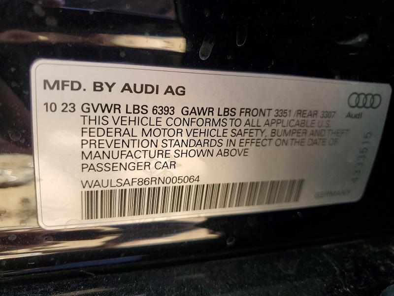 48851766 :رقم المزاد ، WAULSAF86RN005064 vin ، 2024 Audi S8 مزاد بيع