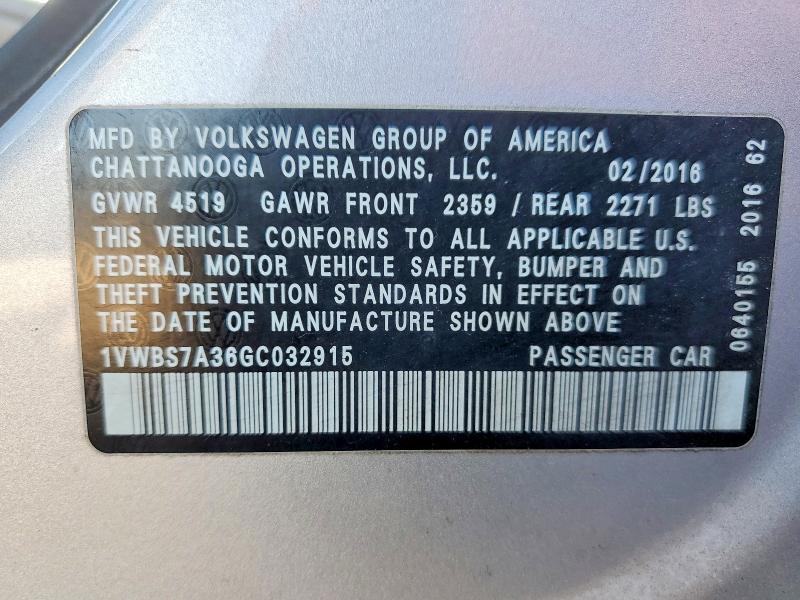 2016 Volkswagen Passat მანქანა იყიდება აუქციონზე, vin: 1VWBS7A36GC032915, აუქციონის ნომერი: 49298226