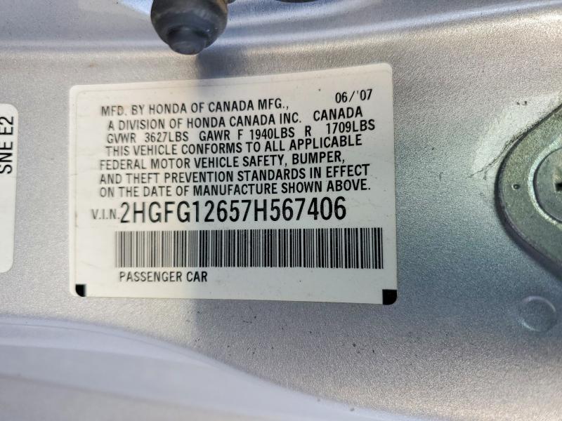 2007 Honda Civic მანქანა იყიდება აუქციონზე, vin: 2HGFG12657H567406, აუქციონის ნომერი: 49649006