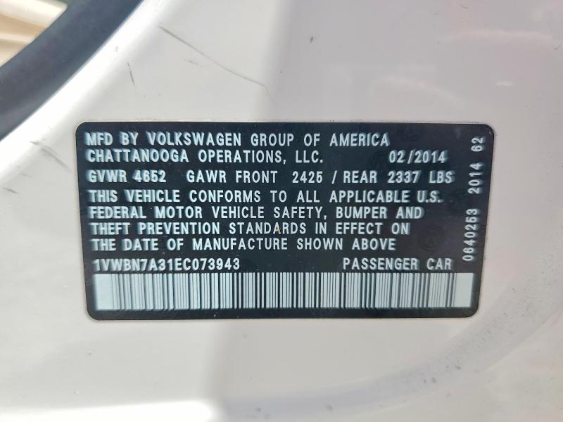 50061646 :رقم المزاد ، 1VWBN7A31EC073943 vin ، 2014 Volkswagen Passat مزاد بيع