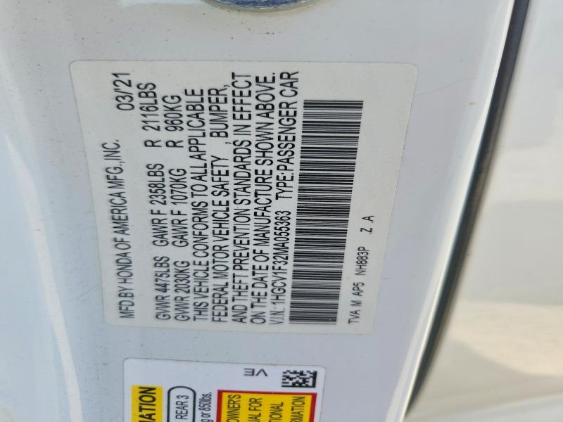 Aukcja sprzedaży 2021 Honda Accord, vin: 1HGCV1F32MA055363, numer aukcji: 50103916