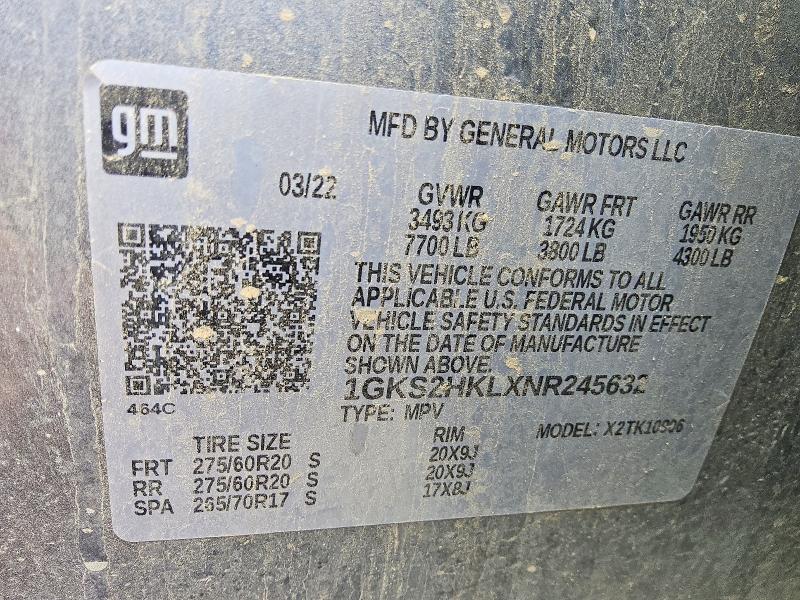 49541806 :رقم المزاد ، 1GKS2HKLXNR245632 vin ، 2022 Gmc Yukon Xl مزاد بيع