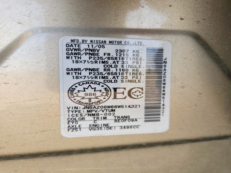 Продажа на аукционе авто 2006 Nissan Murano, vin: JN8AZ08W66W514321, номер лота: 51165076