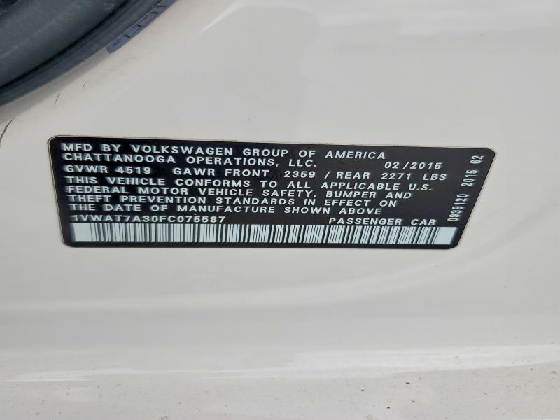 49544086 :رقم المزاد ، 1VWAT7A30FC075587 vin ، 2015 Volkswagen Passat مزاد بيع