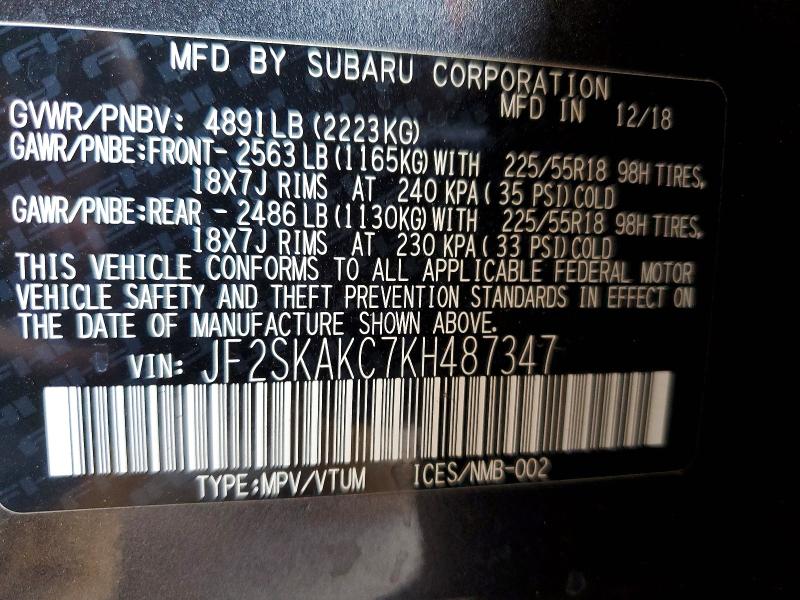 51621956 :رقم المزاد ، JF2SKAKC7KH487347 vin ، 2019 Subaru Forester مزاد بيع