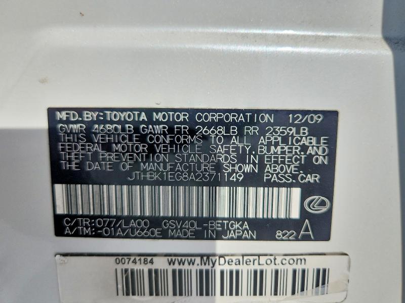 Aukcja sprzedaży 2010 Lexus Es, vin: JTHBK1EG8A2371149, numer aukcji: 49506126