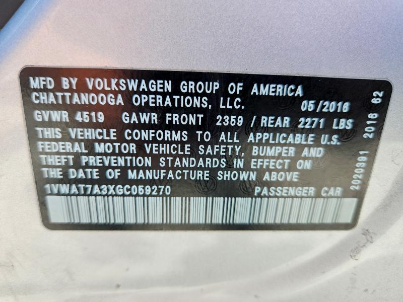 Aukcja sprzedaży 2016 Volkswagen Passat, vin: 1VWAT7A3XGC059270, numer aukcji: 51102366