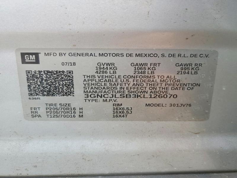 Aukcja sprzedaży 2019 Chevrolet Trax, vin: 3GNCJLSB3KL126070, numer aukcji: 48841446