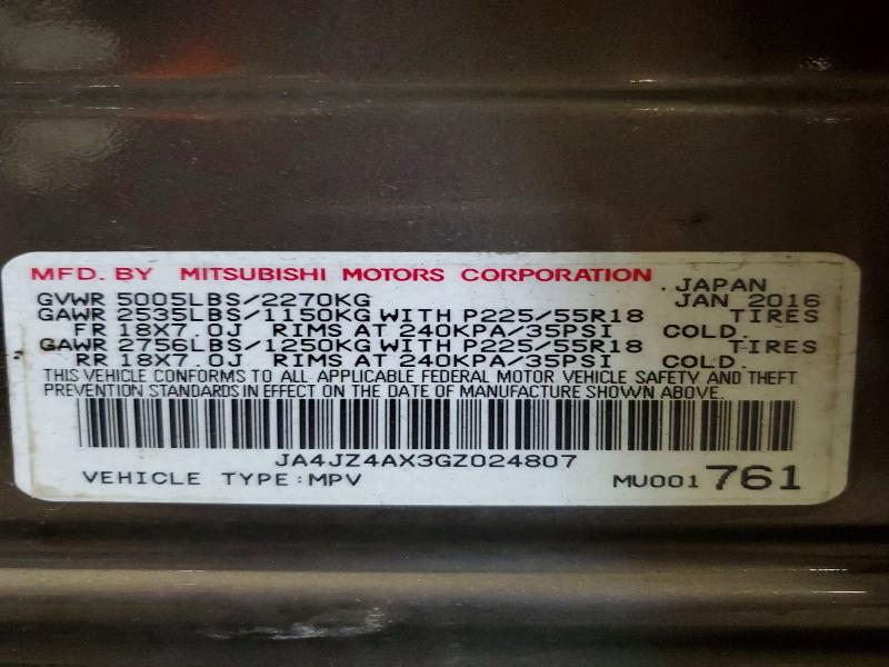 50214736 :رقم المزاد ، JA4JZ4AX3GZ024807 vin ، 2016 Mitsubishi Outlander مزاد بيع