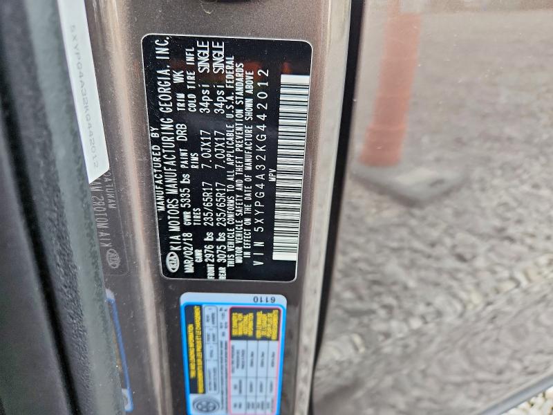 51996266 :رقم المزاد ، 5XYPG4A32KG442012 vin ، 2019 Kia Sorento مزاد بيع