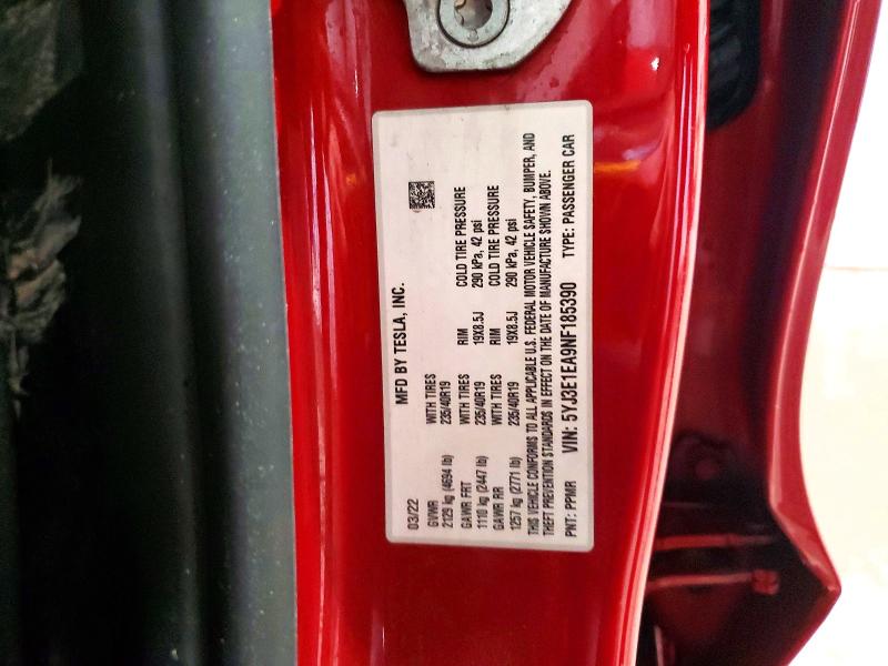 47824506 :رقم المزاد ، 5YJ3E1EA9NF185390 vin ، 2022 Tesla Model 3 مزاد بيع