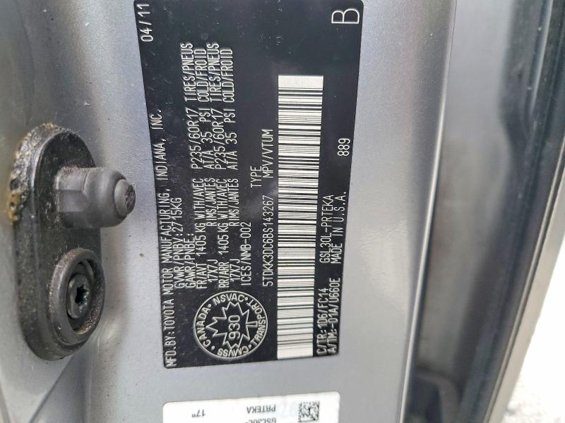 49228296 :رقم المزاد ، 5TDKK3DC6BS143267 vin ، 2011 Toyota Sienna مزاد بيع