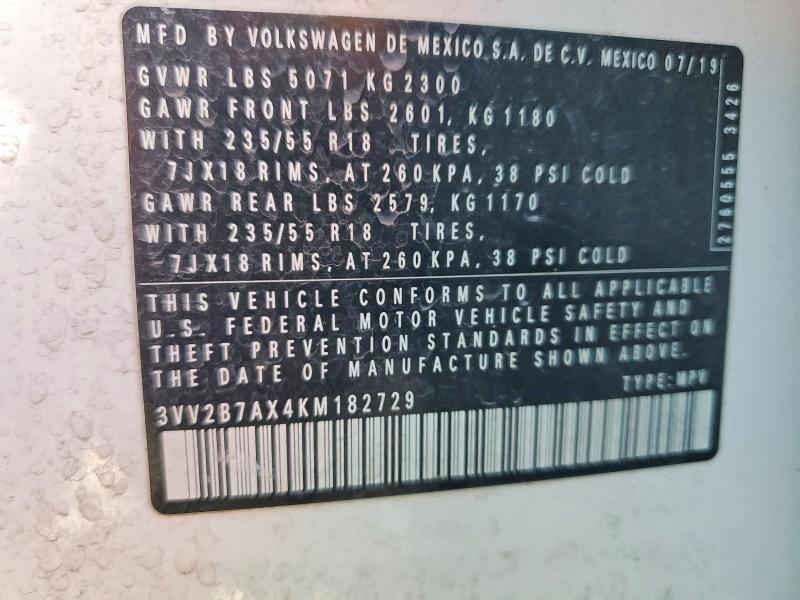 2019 Volkswagen Tiguan მანქანა იყიდება აუქციონზე, vin: 3VV2B7AX4KM182729, აუქციონის ნომერი: 48881666