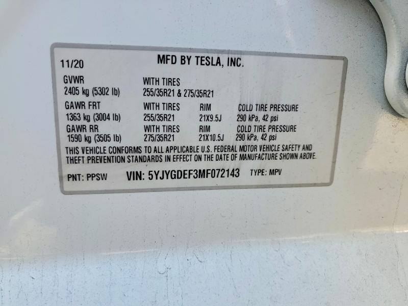2021 Tesla Model Y მანქანა იყიდება აუქციონზე, vin: 5YJYGDEF3MF072143, აუქციონის ნომერი: 51359526