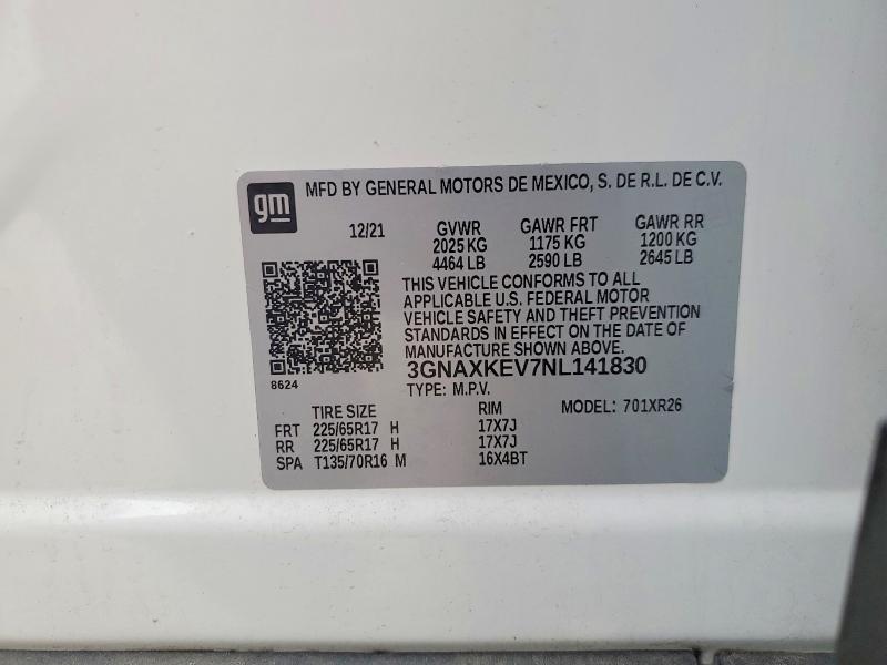 Aukcja sprzedaży 2022 Chevrolet Equinox, vin: 3GNAXKEV7NL141830, numer aukcji: 49303826