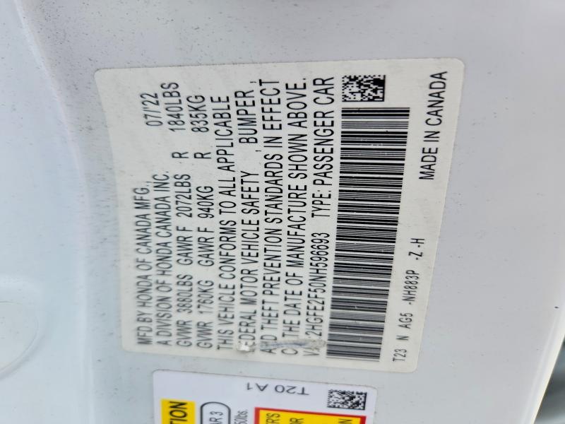 Продажа на аукционе авто 2022 Honda Civic, vin: 2HGFE2F50NH596693, номер лота: 49432576