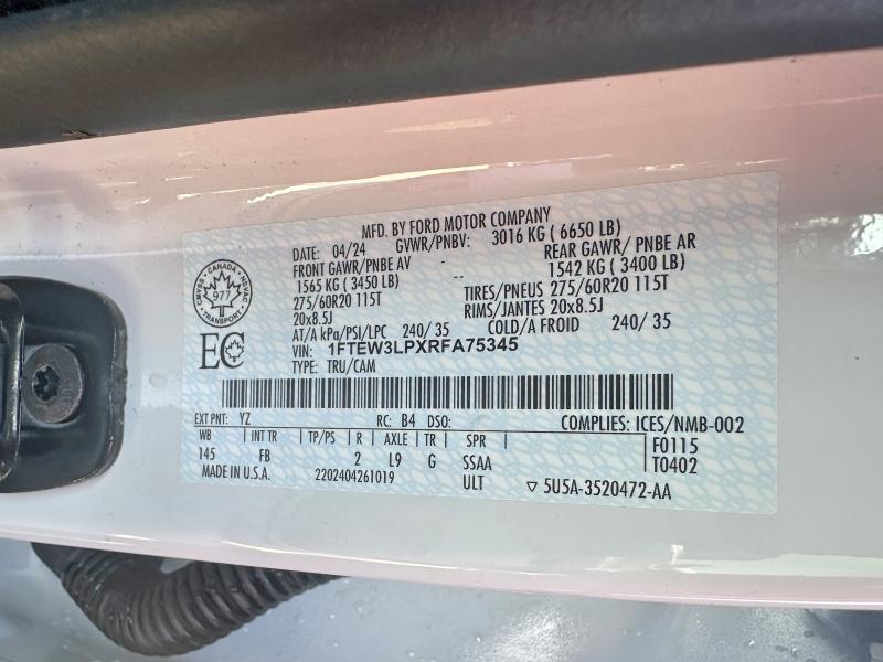 2024 Ford F150 მანქანა იყიდება აუქციონზე, vin: 1FTEW3LPXRFA75345, აუქციონის ნომერი: 51551816