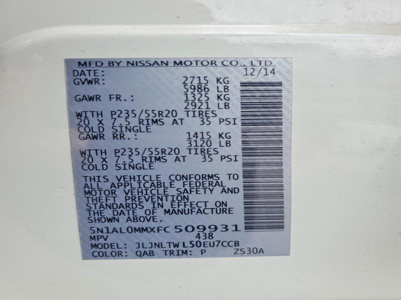 49558346 :رقم المزاد ، 5N1AL0MMXFC509931 vin ، 2015 Infiniti Qx60 مزاد بيع