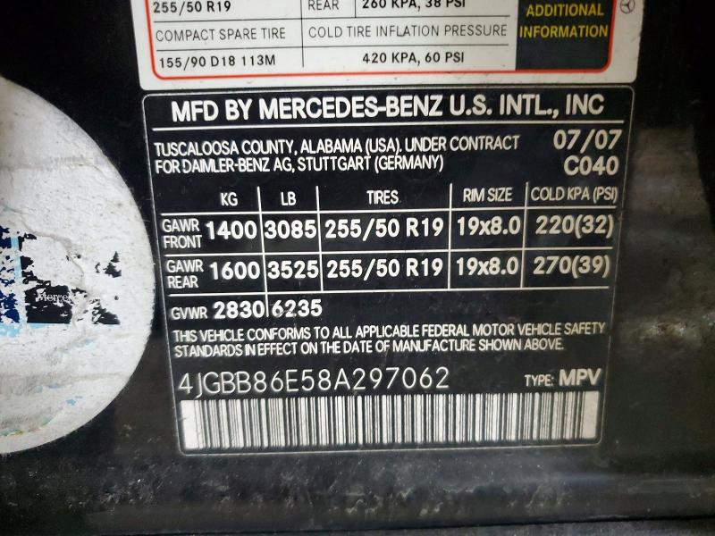 50650906 :رقم المزاد ، 4JGBB86E58A297062 vin ، 2008 Mercedes-benz Ml مزاد بيع