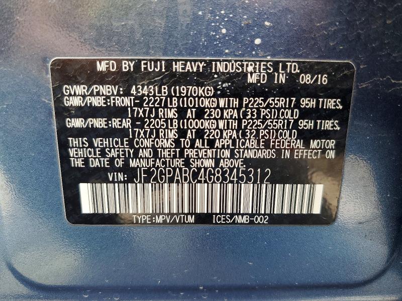 Aukcja sprzedaży 2016 Subaru Crosstrek, vin: JF2GPABC4G8345312, numer aukcji: 49967006