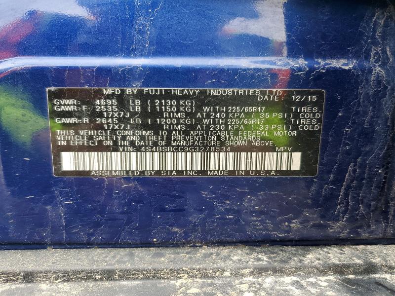 2016 Subaru Outback მანქანა იყიდება აუქციონზე, vin: 4S4BSBCC9G3278534, აუქციონის ნომერი: 49583766