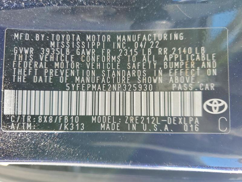 48834826 :رقم المزاد ، 5YFEPMAE2NP325930 vin ، 2022 Toyota Corolla مزاد بيع