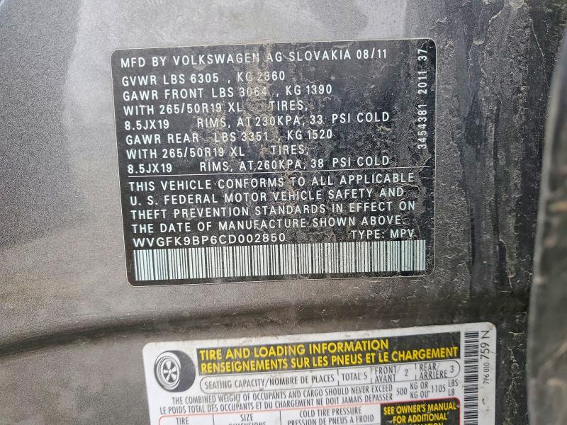 Aukcja sprzedaży 2012 Volkswagen Touareg, vin: WVGFK9BP6CD002850, numer aukcji: 50819696
