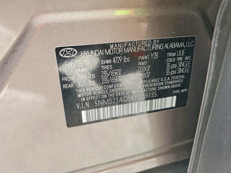 Продаж на аукціоні авто 2019 Hyundai Santa Fe, vin: 5NMS23AD5KH089735, номер лоту: 50046096