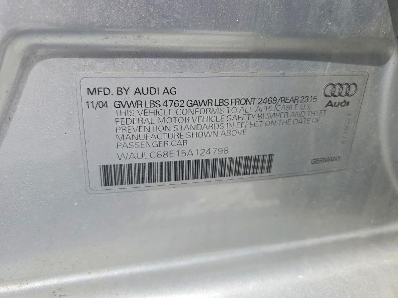 Aukcja sprzedaży 2005 Audi A4, vin: WAULC68E15A124798, numer aukcji: 50276246