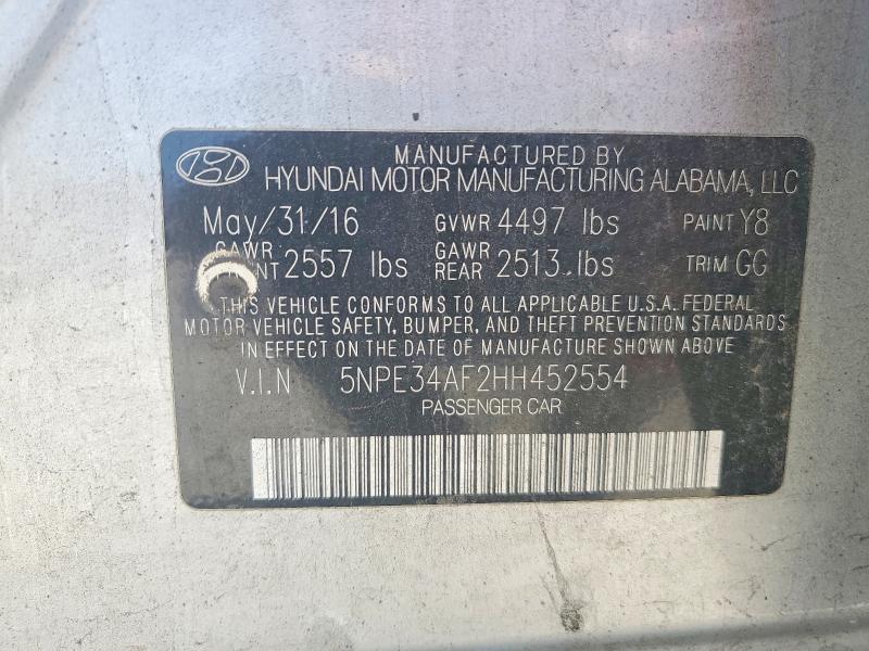 2017 Hyundai Sonata მანქანა იყიდება აუქციონზე, vin: 5NPE34AF2HH452554, აუქციონის ნომერი: 50444366