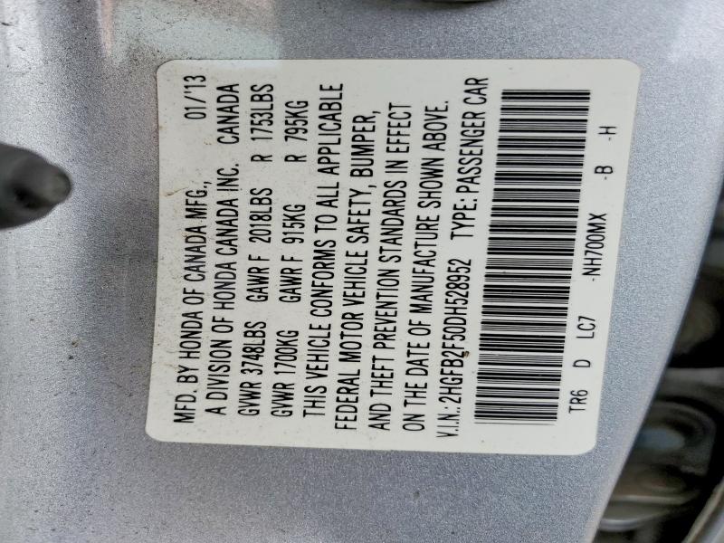 Продаж на аукціоні авто 2013 Honda Civic, vin: 2HGFB2F50DH528952, номер лоту: 48719036