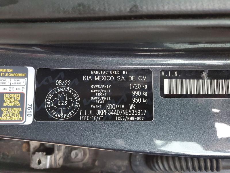 48395666 :رقم المزاد ، 3KPF34AD7NE535917 vin ، 2022 Kia Forte مزاد بيع