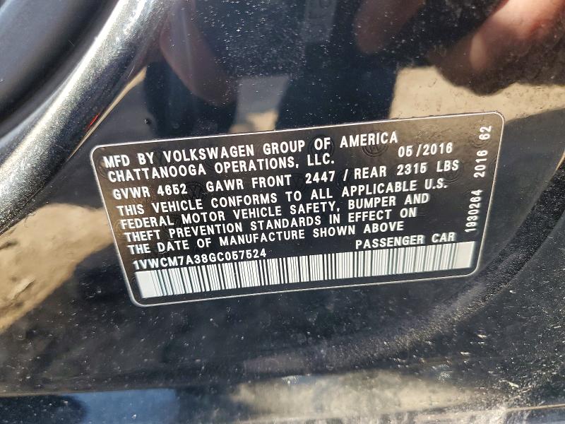 49590476 :رقم المزاد ، 1VWCM7A38GC057524 vin ، 2016 Volkswagen Passat مزاد بيع