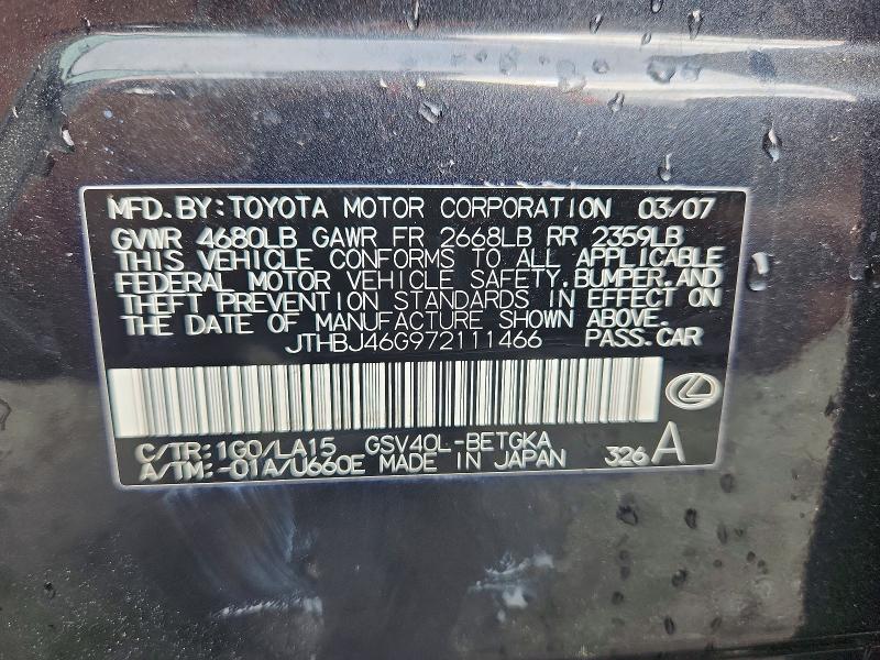 Aukcja sprzedaży 2007 Lexus Es 350, vin: JTHBJ46G972111466, numer aukcji: 48501476