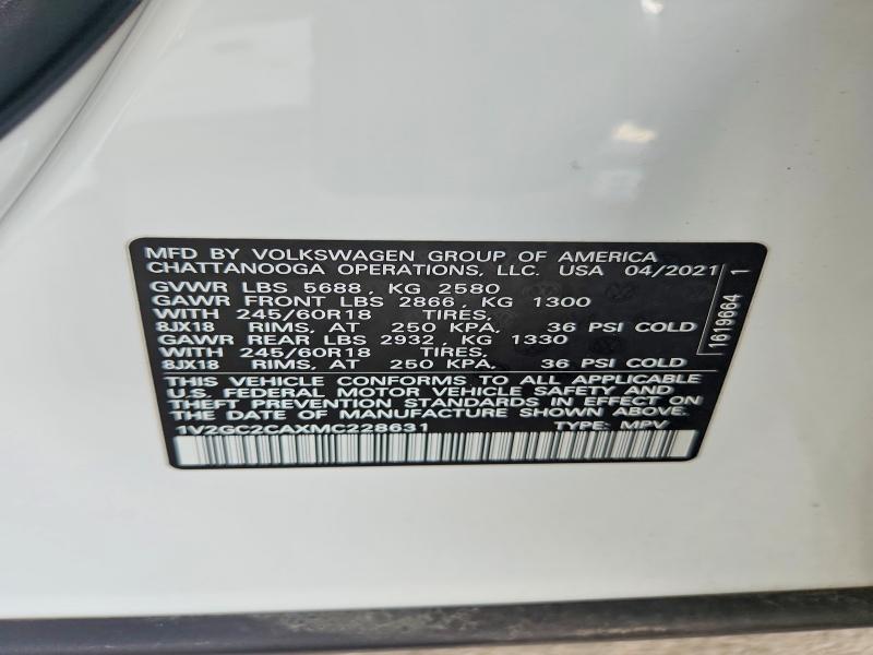 Продаж на аукціоні авто 2021 Volkswagen Atlas Cross Sport, vin: 1V2GC2CAXMC228631, номер лоту: 49616286