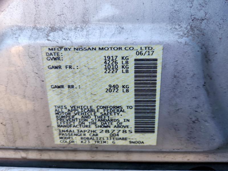 2017 Nissan Altima მანქანა იყიდება აუქციონზე, vin: 1N4AL3AP2HC287785, აუქციონის ნომერი: 50852096