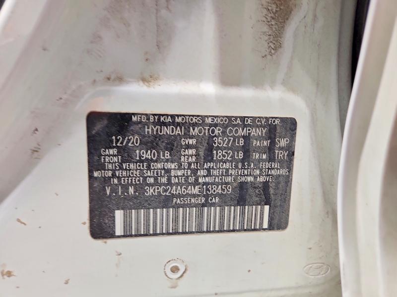 2021 Hyundai Accent მანქანა იყიდება აუქციონზე, vin: 3KPC24A64ME138459, აუქციონის ნომერი: 49279576