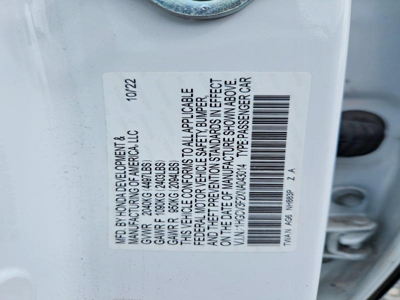 Aukcja sprzedaży 2022 Honda Accord, vin: 1HGCV3F2XNA043014, numer aukcji: 51486676