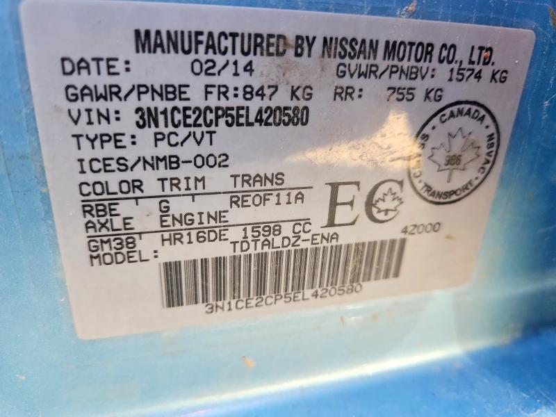 2014 Nissan Versa Note მანქანა იყიდება აუქციონზე, vin: 3N1CE2CP5EL420580, აუქციონის ნომერი: 49457386