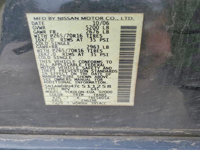 2007 Nissan Xterra მანქანა იყიდება აუქციონზე, vin: 5N1AN08U47C511258, აუქციონის ნომერი: 51782856
