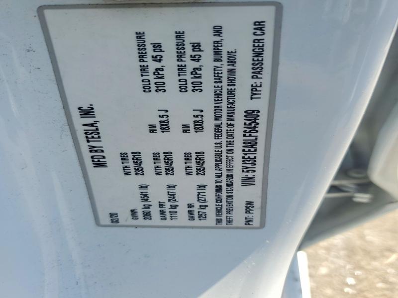 50348596 :رقم المزاد ، 5YJ3E1EA8LF645409 vin ، 2020 Tesla Model 3 مزاد بيع