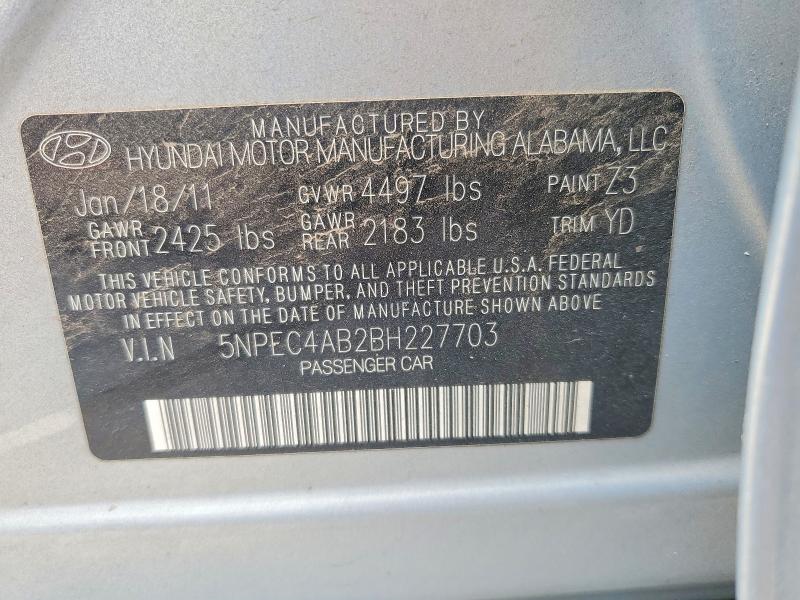 2011 Hyundai Sonata მანქანა იყიდება აუქციონზე, vin: 5NPEC4AB2BH227703, აუქციონის ნომერი: 50310926